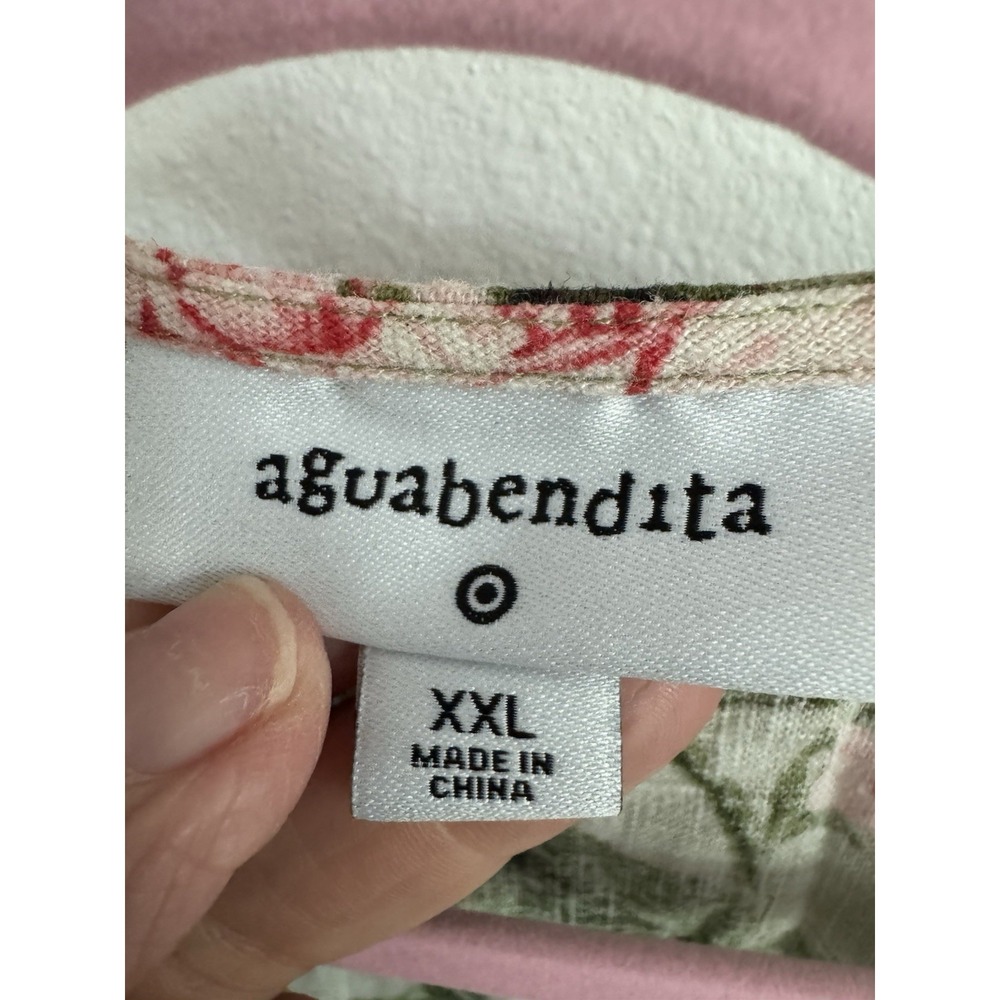 Agua Bendita Peony Floral Flowers Woman Sz XXL Green Tie Top Blush Linen Blend - Picture 2 of 4